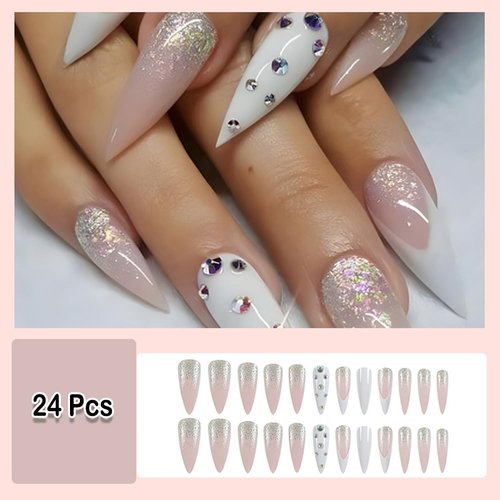 ANDGING Stiletto Press on Nails White Medium Length Fake Nails with Glue Acrylic Ombre Rhinestone Glue on Nails with Designs Fancy Gel Manicure False Nail for Women Stick ons Nails for Girls Wedding