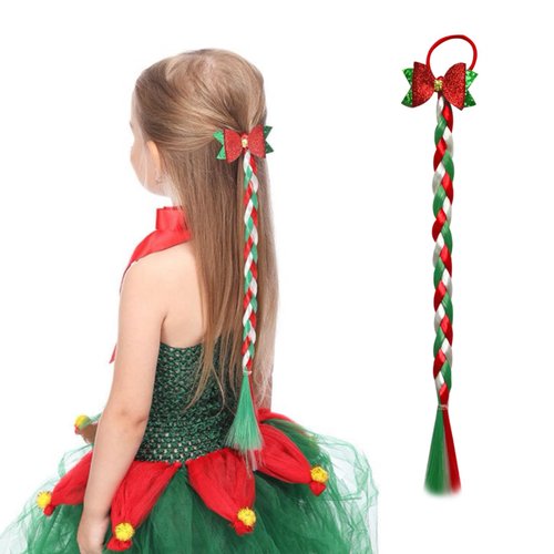YYKITCHEN Christmas Long Braided Ponytail Extension with Hair Straight Wrap Around Red White Green Ponytail Hair Extensions Hair Tie Soft Healthy Synthetic Hair Piece for Women Girls Xmas Holiday (E)