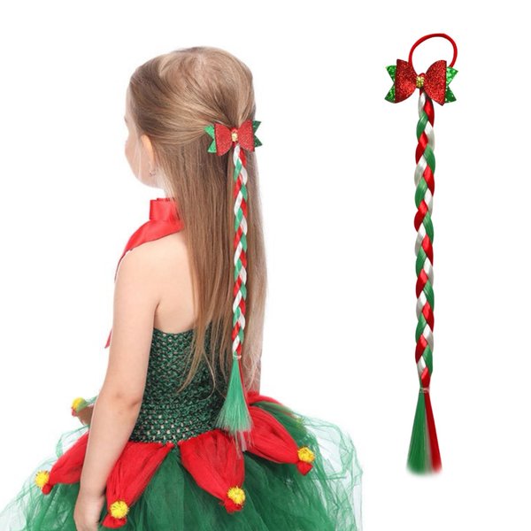 YYKITCHEN Christmas Long Braided Ponytail Extension with Hair Straight Wrap Around Red White Green Ponytail Hair Extensions Hair Tie Soft Healthy Synthetic Hair Piece for Women Girls Xmas Holiday (E)
