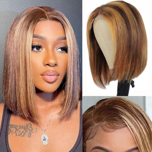 Adyutrlia Ombre Bob Wig Human Hair 13x4 Lace Frontal Highlight Bob Wig Human Hair Pre Plucked 150% Density 4/27 Honey Bloned Bob Wigs Human Hair with Baby Hair （10 Inch）