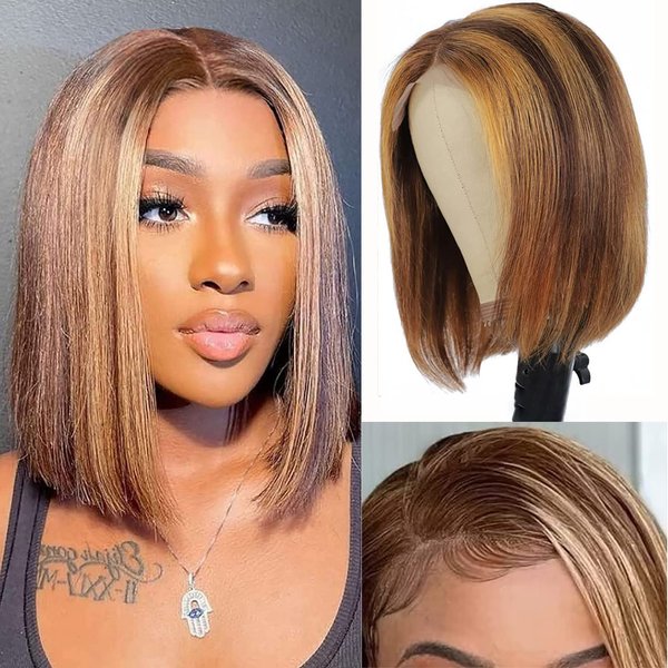 Adyutrlia Ombre Bob Wig Human Hair 13x4 Lace Frontal Highlight Bob Wig Human Hair Pre Plucked 150% Density 4/27 Honey Bloned Bob Wigs Human Hair with Baby Hair （10 Inch）