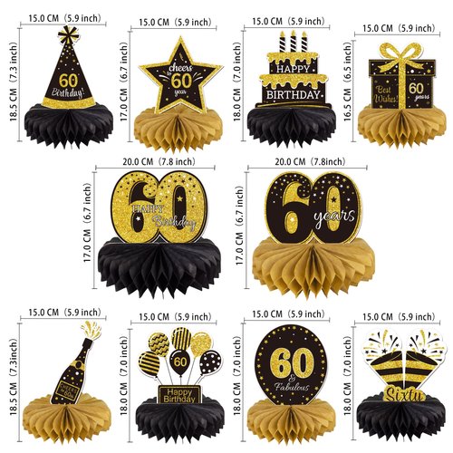 Gexolenu 10 Pcs 60th Birthday Honeycomb Centerpieces Gold Black Cheers to 60 Years Birthday Centerpieces Tables Toppers for 60th Birthday Decorations 60 Fabulous Birthday Party Decorations Supply