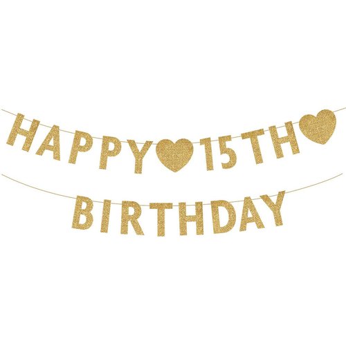 Gold Happy 15th Birthday Banner, Glitter 15 Years Old Boy or Girl Party Decorations, Supplies