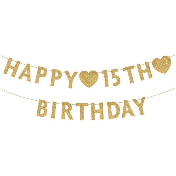 Gold Happy 15th Birthday Banner, Glitter 15 Years Old Boy or Girl Party Decorations, Supplies