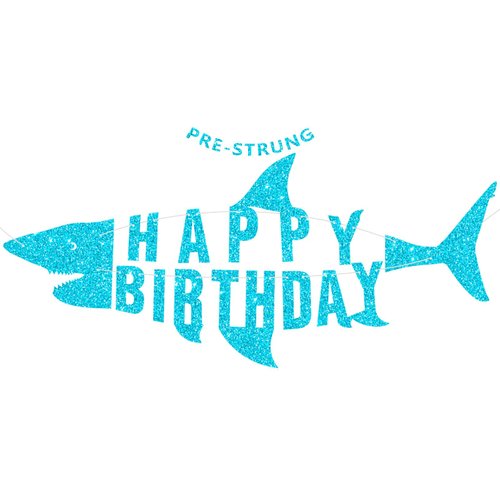 Ushinemi Pre-Strung Shark Happy Birthday Banner, Glitter Shark Birthday Decorations Under The Sea Theme Party Decor, Ocean Theme Party Supplies for Boys Kids