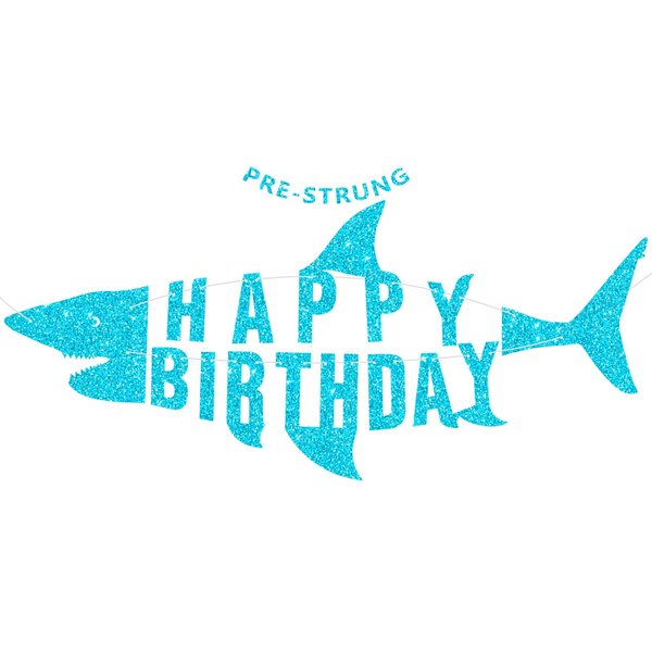 Ushinemi Pre-Strung Shark Happy Birthday Banner, Glitter Shark Birthday Decorations Under The Sea Theme Party Decor, Ocean Theme Party Supplies for Boys Kids