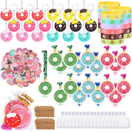 140 Donut Party Favors for 18 Kids, Includes Donut Keychain Dount Party Blowers Donut Stickers Wristband Gift Bags Thank You Tags for Boys Girls Donut Birthday Supply Decoration Goodie Bag Filler