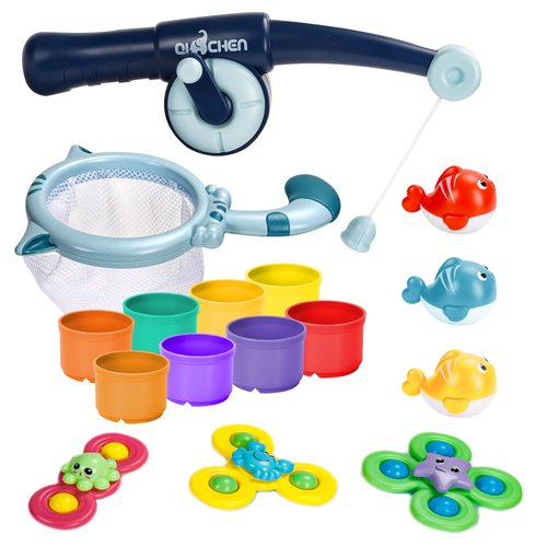 Baby Bath Toys for Toddlers 6+ Months, Bathtub Toys Kids Shower Toys with Stacking Cups, Fishing Games & Net, Bathtub Water Table Shower Pool Toys Set for Boys Girls,16 Pcs