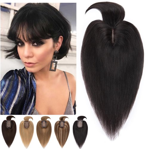 SLEEKALON Hair Toppers for Women Real Human Hair 150% Density Silk Base Black Hair Topper Wigs Top Hair Piece for Women with Thinning Hair Clip in Topper Hair Extension with Bangs (12 Inch,1B#)