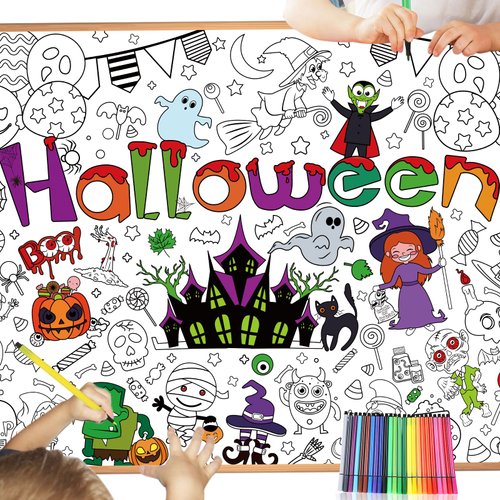 HOWAF Halloween Coloring Poster with 24 pcs (24 Colors) Paint Pens, Jumbo Paper Coloring Banner or Tablecloth for Kids Indoor Arts and Crafts Activity, Coloring Banner for Halloween Party Supplies