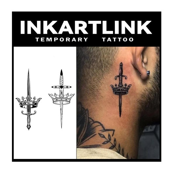 INKARTLINK Tattoo Tech, 2 Sheets Medium Semi Permanent Tattoo, Adult Art Design Temporary Tattoos, Lasts 1-2 Weeks, Waterproof, Realistic Look, No Adhesive, No Reflection (Crowned Swords Design)
