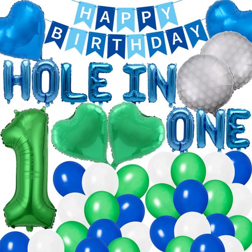 49 Pieces Golf Birthday Party Hole in One 1st Birthday Decorations Boys First Birthday Party Balloons Green Number 1 Balloon Latex Balloons for Boys Sports Theme Birthday Baby Shower Party (Blue)