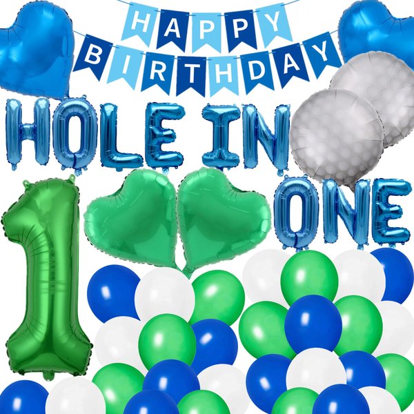 49 Pieces Golf Birthday Party Hole in One 1st Birthday Decorations Boys First Birthday Party Balloons Green Number 1 Balloon Latex Balloons for Boys Sports Theme Birthday Baby Shower Party (Blue)