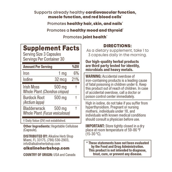 Sea Moss, Burdock Root & Bladderwrack Supplement 90 Capsules