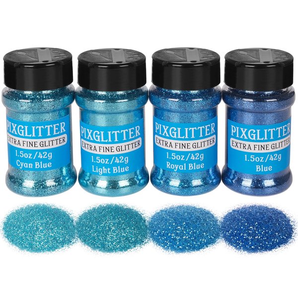 PIXGLITTER 4 Colors Fine Glitter Powder, Craft Glitter Powder Shake Jar for Resin Jewelry Art Crafts Making, Cosmetic Glitter for Nail Body Hair 1.5oz/Bottle (All Blue Set)