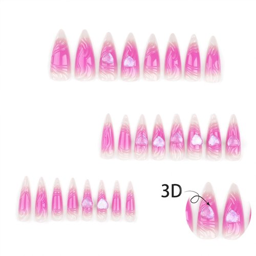 Vopintpy Pink 3D Heart Press on Nails Extra Long Glitter Ballerina Fake Nails Stilettos Acrylic Glue on Nails with Design Reusable Full Cover Stick on Nails for Women DIY Charm Manicure