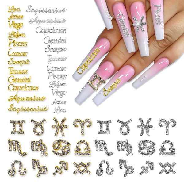 JERCLITY 48 Pieces Gold Silver Alloy Zodiac Nail Charms Zodiac Signs Nail Studs Constellation Words Charms for Nails Twelve Constellation Nail Charms Set for Women Girls Nail Art