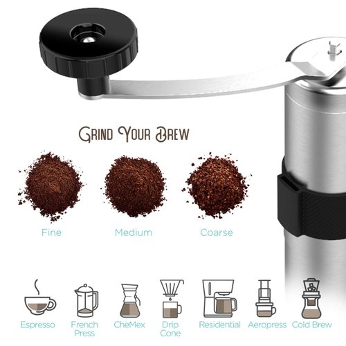 Kitcoff Manual Coffee Grinder - Hand Beans Mill with 18-Click Settings, Stainless Steel Body with Ceramic Burr & Ergonomic Grip, Removable Hand Crank - Includes Cleaning Brush, Travel & Storage Pouch