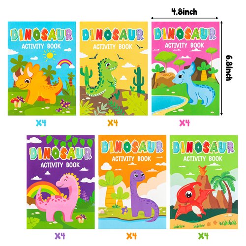 JAPBOR 24pcs Dinosaur Activity Coloring Books for Kids Party Favors, Mini Art Color Pages Drawing Booklet Supplies, Birthday Painting Games Theme Doodle Small Coloring Book Bulk Goodie Bag Filler