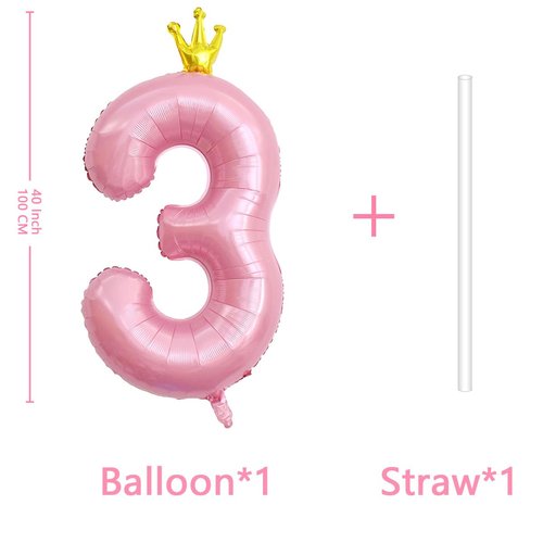 40 Inch Crown Pink Number 3 Balloon, Big Conjoined Baby Pink Foil Mylar Helium 3 Balloon for Girls 3rd Birthday Party Decorations Pink Princess Theme Party Decorations Supplies Anniversary Decor