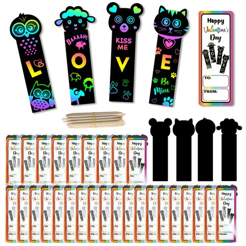 WATINC 28 Set Valentine's Day Animals Scratch Bookmarks with Cards for Kids, Valentine Scratch Off Card Art Craft Kit, Exchange Gift DIY Magic Color Paper for Classroom School Home Party Favor