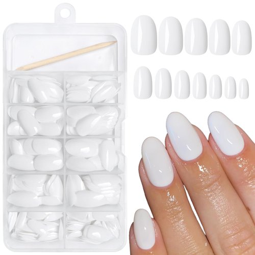 AddFavor Oval Press on Nails Short Fake Nails, 240pcs White Nails Press on Almond False Nail Full Cover Acrylic Nail for Women and Girls