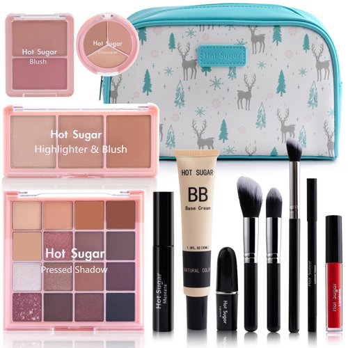 Hot Sugar Travel Makeup Kit All in One, Makeup Kit for Women Full Kit, Makeup Gift Set for Beginners and Professionals with Cosmetic Bag (Blue)