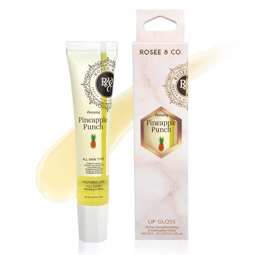 ROSÉE & CO Rosee Lip Gloss Vegan & Cruelty Free Treatment, Long Lasting Glossy with Shea Butter, Moisturize, Protect & Smooth - Clear (s.Pineapple Punch Plumping)