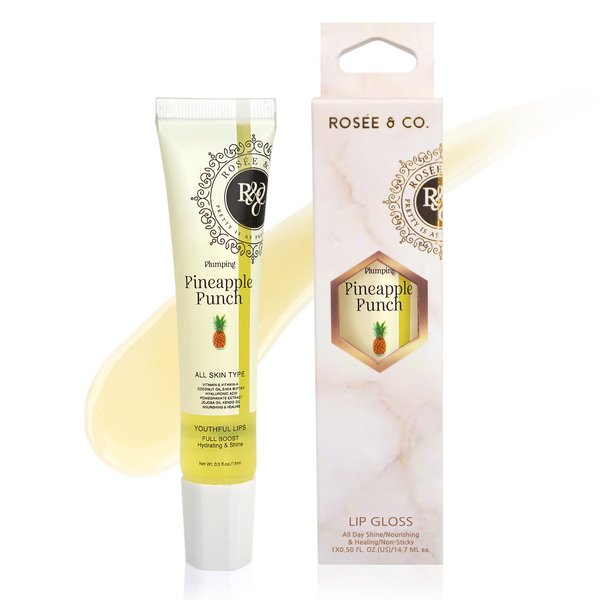ROSÉE & CO Rosee Lip Gloss Vegan & Cruelty Free Treatment, Long Lasting Glossy with Shea Butter, Moisturize, Protect & Smooth - Clear (s.Pineapple Punch Plumping)