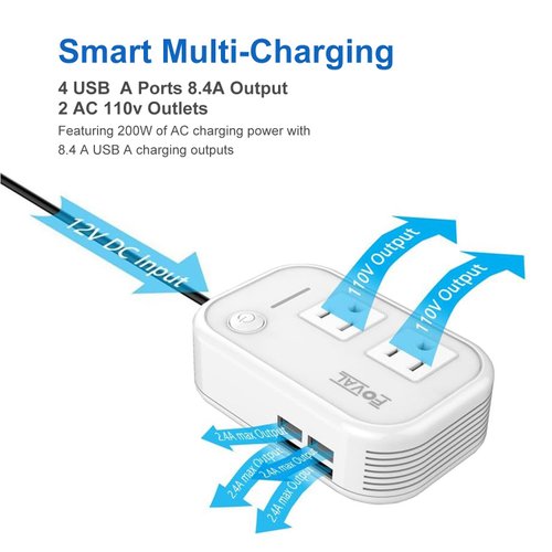 FOVAL 200W Car Power Inverter, DC 12V to 110V AC Car Outlet Adapter Plug Adapter Converter with 4 USB Ports Car Laptop Charger Power Inverter for Vehicles (White)