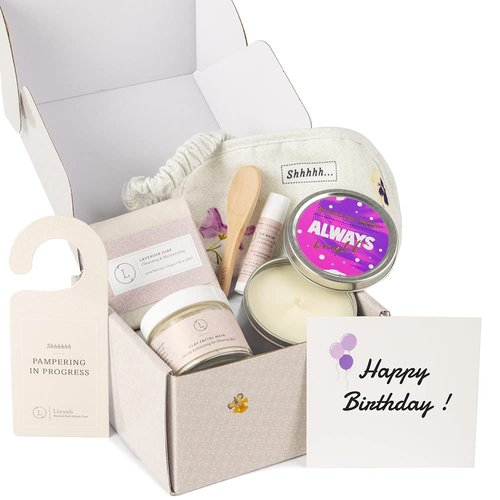 Lizush Luxury Spa Gifts for Women - 6 Piece Lavender Relaxation Spa Gift Baskets for Women, Care Package for Women, Spa Kit Gift Box Bath Sets, Self Care Gifts Set For Wife - Happy Birthday