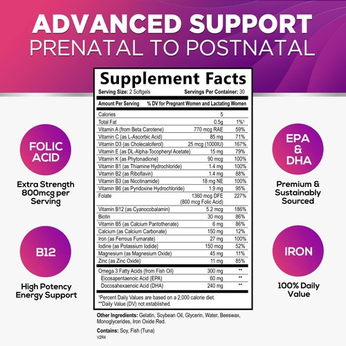 Prenatal Multivitamin with Folic Acid & DHA, Prenatal Vitamins Supplement, Folate, Omega 3, Vitamins D3, B6, B12 & Iron, Women's Pregnancy Support Prenatal Vitamins, Non-GMO Gluten Free - 60 Softgels