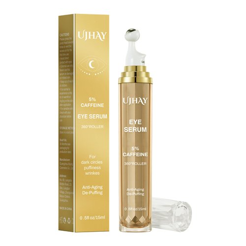 UJHAY 5% Caffeine Eye Cream, Under Eye Serum for Dark Circles, Puffiness & Wrinkles Fine Lines, Eye Roller Serum with 360° Massage Ball, Eye Treatment Balm for Men & Women
