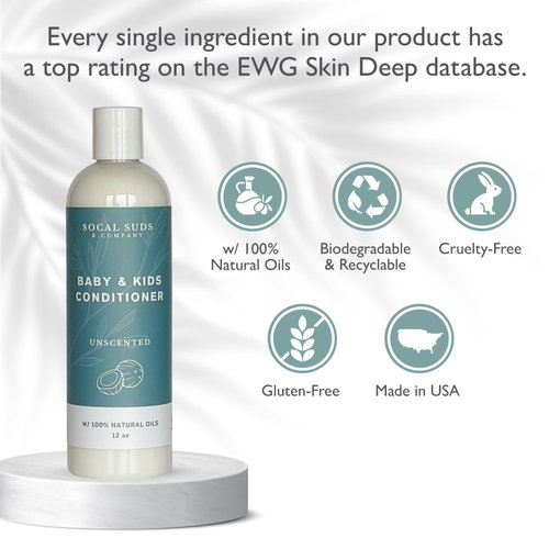SoCal Suds & Company - Organic Baby & Kids Conditioner - Moisture Baby Hair Conditioner - Gentle Natural Vitamin Rich Ingredient Organic Oils for Babies and Kids Sensitive Scalp - Unscented, 12oz