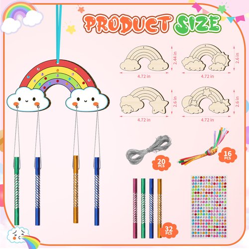 TREACLUB 12 Pack DIY Wind Chime Kits for Kids, Make Your Own Rainow Wind Chime DIY Coloring Star Moon Sun Make A Wind Chime Kits Wooden Arts and Crafts Birthday Gifts for Girls Boys
