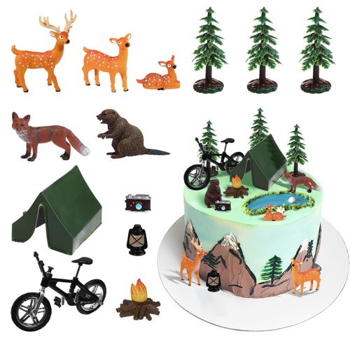 RAYNAG 13 Pieces Camping Cake Topper Camping Birthday Decorations Camping Cake Decorations Set Camping Themed Party Decorations for Forest Woodland Camping Theme Kids Happy Birthday Cake Decorations