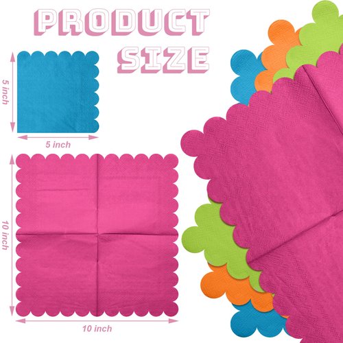 Yeaqee 100 Pcs Neon Colored Scalloped Napkins Paper Cocktail Napkins 2 Ply Bright Beverage Paper Napkins Disposable Colored Napkins for Fiesta, Birthday Parties (Assorted Color)