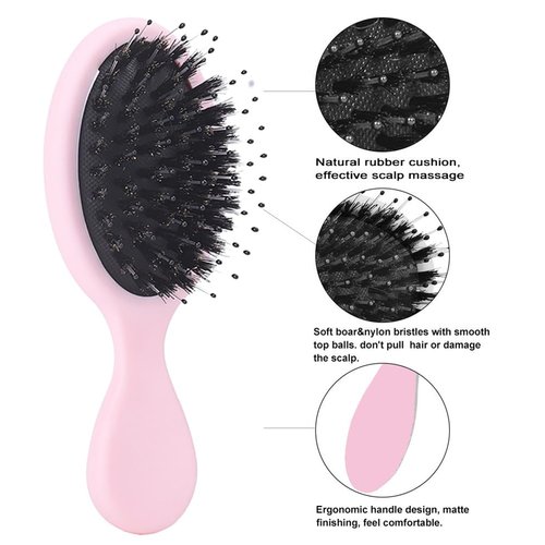 Boar Bristle Mini Hair Brush Travel Detangling Paddle Brush for Curly Fine Straight Wet Dry Hair, Anti-frizz Detangler Brush Boar Nylon Mixed Bristle Brush for Women Men Kids