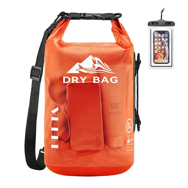 HEETA Dry Bag Waterproof for Women Men, Roll Top Lightweight Dry Storage Bag Backpack with Phone Case for Travel, Swimming, Boating, Kayaking, Camping and Beach (Transparent Orange, 20L)