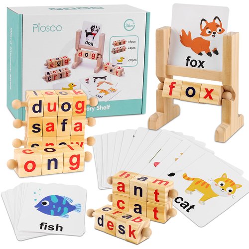 LOOIKOOS Wordcraft Learning Wooden Reading Blocks, Montessori Educational Toys for Kids Flash Cards Toddler Learning Toys Word Building Puzzles Words Spelling Games for Preschool Boys Girls