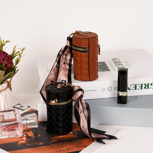 Philo Fun 2 Pack Lipstick Organizer Case – Boho Braided Design with Scarf Accent, Portable Cylinder Travel Lip Gloss Balm Holder with Zipper and Keychain, Black and Brown