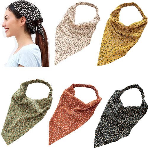 DINPREY 5 Pcs Chiffon Turban Head Kerchief Scarf Floral Hair Bandanas Scarf Floral Triangle Head Scarves Headband Boho Headbands Elastic Hair Bands Floral Hair Scrunchies