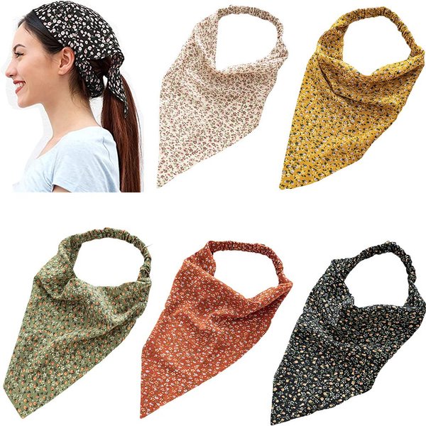 DINPREY 5 Pcs Chiffon Turban Head Kerchief Scarf Floral Hair Bandanas Scarf Floral Triangle Head Scarves Headband Boho Headbands Elastic Hair Bands Floral Hair Scrunchies