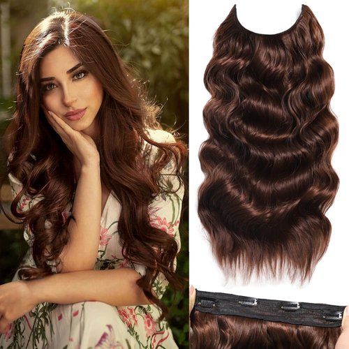 SilkStrands Halo Hair Extensions 24 Inch Invisible Wire Hair Extensions with Adjustable 4 Secure Clips on Soft Transparent Lace Light Brown Hair Extensions Natural Long Wavy Hair Extensions for Women