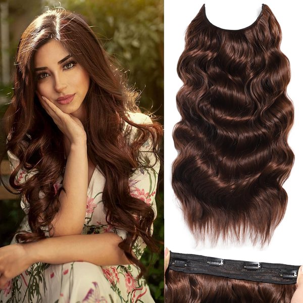 SilkStrands Halo Hair Extensions 24 Inch Invisible Wire Hair Extensions with Adjustable 4 Secure Clips on Soft Transparent Lace Light Brown Hair Extensions Natural Long Wavy Hair Extensions for Women
