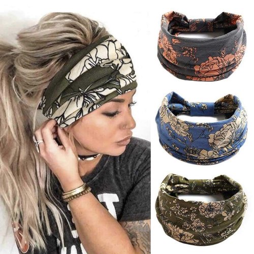 YBSHIN Boho Wide Headbands Grey Hair Bands Knoted Stretch Head Wraps Turban Yoga Elastic Floral Printed Cloth Sweatbands Hair Wears for Women and Girls 3Pcs