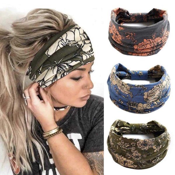 YBSHIN Boho Wide Headbands Grey Hair Bands Knoted Stretch Head Wraps Turban Yoga Elastic Floral Printed Cloth Sweatbands Hair Wears for Women and Girls 3Pcs