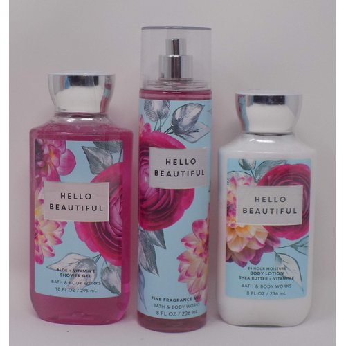 Hello Beautiful (White Gardenia, Jasmine, Magnolia, Pink Nectarine, Cotton Musk) Lot of Three Full Size 1- 10 oz Shower Gel, 1- 8 oz Body Lotion, and 1- 8 oz Fine Fragrance Mist