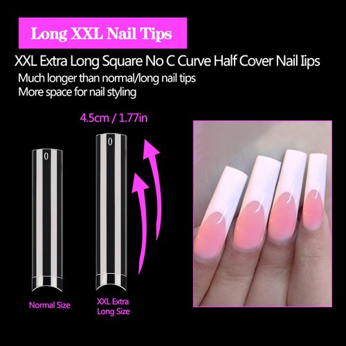 XXL No C Curve Nail Tips for Acrylic Nails Professional, 600PCS Clear Tapered Square Nail Tips Straight Flat Nails Tips, Extra Long Half Cover Acrylic Nail Tips for Nail Salon and DIY Nail 12 Sizes