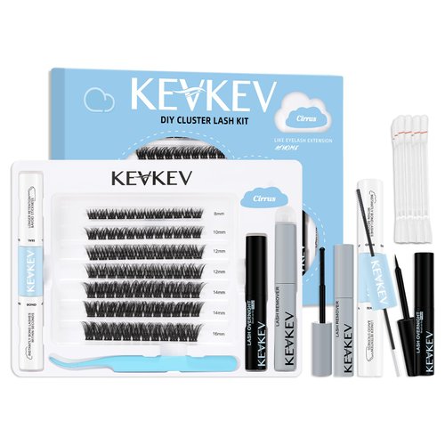 KevKev DIY Lash Extension Kit Lash Clusters Kit 84 Pcs Cluster Lashes with Lash Bond and Seal Lash Glue Remover Overnighter Seal and Applicator for DIY Eyelash Extension(Cirrus Kit,D-8-16mix)